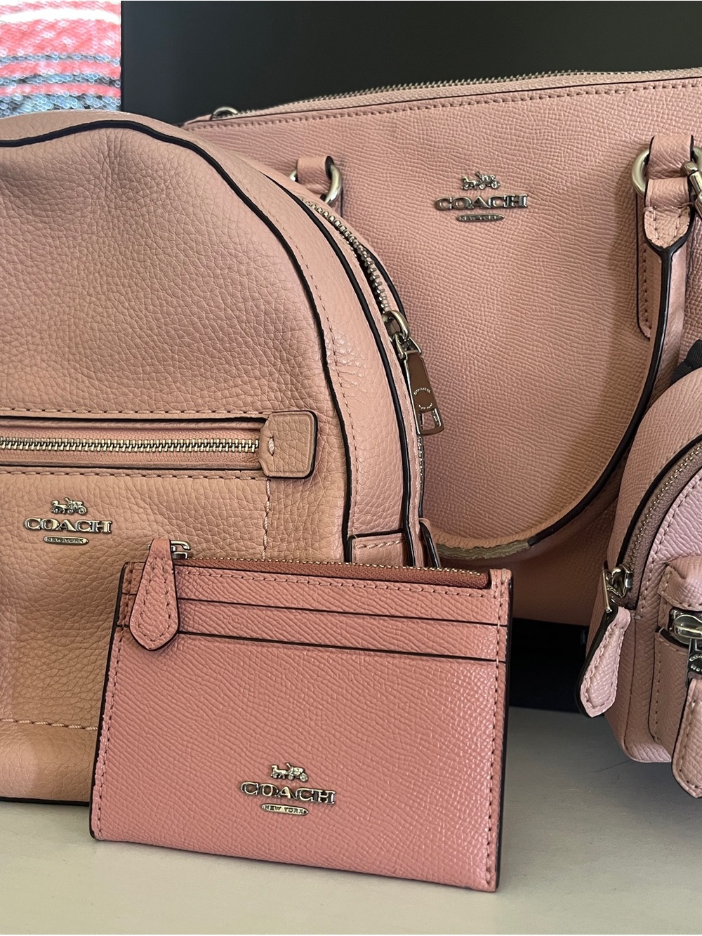 Coach Pink Pebbled Leather Card Case and Mini Bags Set